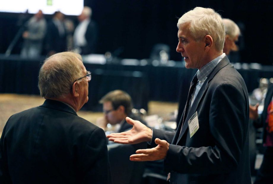 Norwegian Anti Doping expert Rune Andersen right speaks with Warwick Gendall of New Zealand before a meeting of the World Anti Doping Agency, at the Broadmoor Hotel in Colorado Springs Wednesday Nov. 18 2015. Andersen is in charge of the IAAF