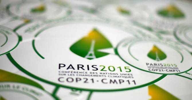 Stickers of the COP21 are seen in Paris ahead of the Climate Change Conference 2015