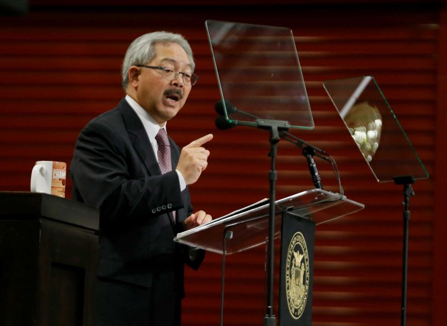 San Francisco Mayor Ed Lee gestures while delivering his State of the City address at a new facility of the Wholesale Produce Market in San Francisco. Lee who has presided over a tech-driven development boom in Sa