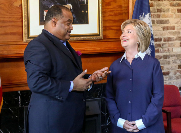 Hillary Rodham Clinton speaks with Roland Martin host of TV One´s'News One Now' before a town-hall meeting in South Carolina. RICHARD BURKHART  AP Images for TV One