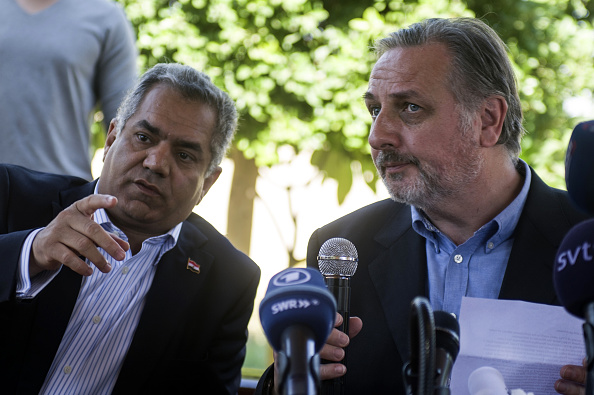 Egypt's Minister of Antiquities Mamduh al Damati and British Egyptologist Nicholas Reeves attend a joint press conference in Luxor 500 kms south of Cairo