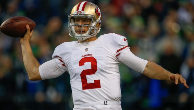 SEATTLE WA- NOVEMBER 22 Quarterback Blaine Gabbert #2 of the San Francisco 49ers passes against the Seattle Seahawks at Century Link Field