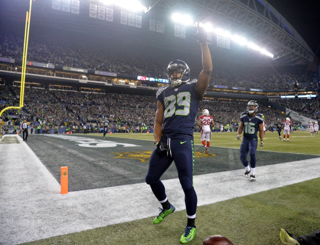 Nov 15 2015 Seattle WA USA Seattle Seahawks wide receiver Doug Baldwin celebrates after scoring on a 32-yard touchdown reception in the third quarter against th e Arizona Cardinals during a NFL football game at Century Link Field. Mandatory Credi