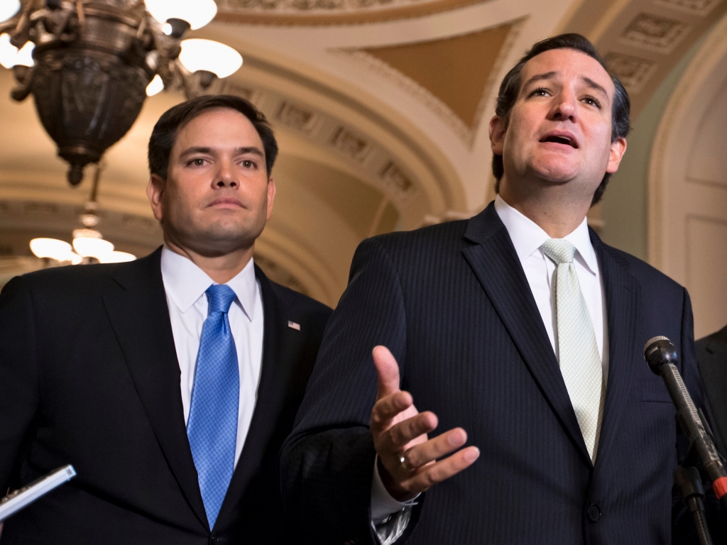 Sen. Ted Cruz right and Sen. Marco Rubio on Capitol Hill in Washington on Sept. 27