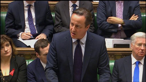 In this image taken from the Parliamentary Recording Unit via AP Britain's Prime Minister David Cameron addresses lawmakers in the House of Commons London making his case for airstrikes as part of a'comprehensive overall strategy to destroy IS