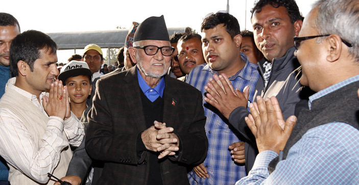 Nepali Congress President Sushil Koirala at the Tribhuvan International Airport before he left for the United States on a medical trip in Kathmandu on Friday