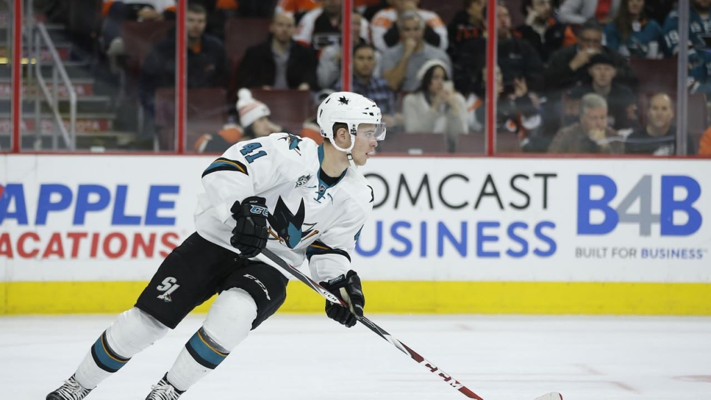 San Jose Sharks Mirco Mueller in action during an NHL hockey game against the Philadelphia Flyers Thursday Nov. 19 2015 in Philadelphia