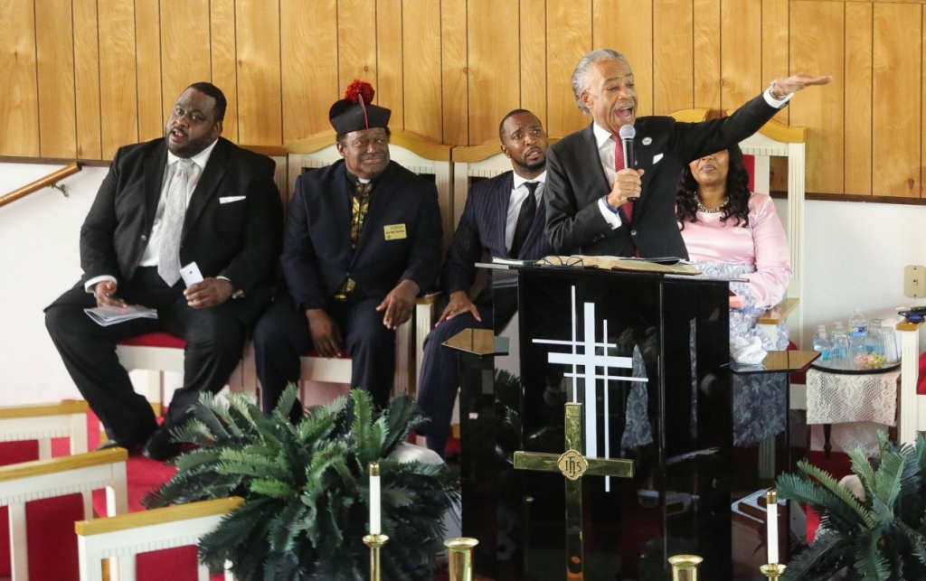 The Rev. Al Sharpton speaks during funeral services for Corey Jones at the Payne Chapel AME of West Palm Beach Fla. Saturday Oct. 31. Jones was shot multiple times on Oct. 18 in Palm Beach Gardens by an undercover officer as he waited for a tow truck