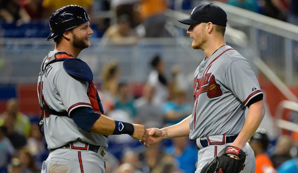 Shelby Miller is congratulated by catcher A.J. Pierzynski after his complete game two-hitter