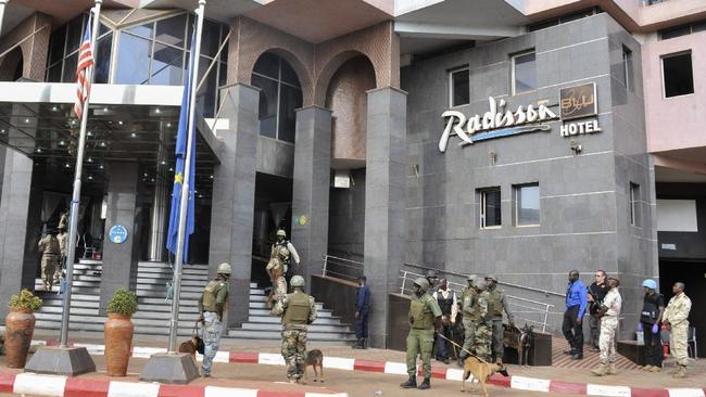 Soldiers surround the Radison Blu hotel in Bamako Mali