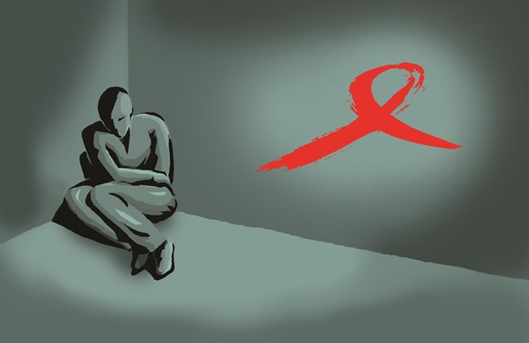 Societal attitudes towards HIV need to keep up with the advances in drug development and treatment for the illness. In the illustration a man is huddled in a corner with a big red AIDS symbol- ribbon- painted on a wall