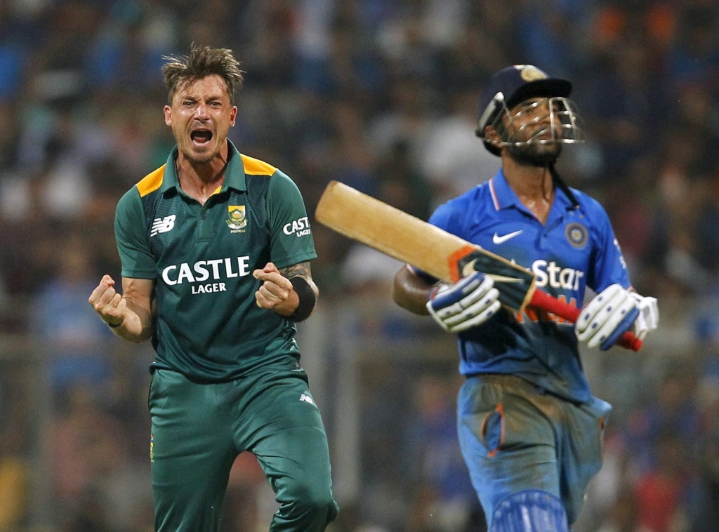 South Africa's Dale Steyn celebrates taking the wicket of India's Ajinkya Rahane during their fifth and final one-day international cricket match in Mumbai India