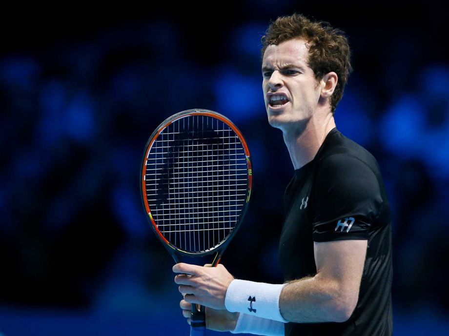 Andy Murray of Britain shouts after losing a point against Rafael Nadal of Spain during their singles tennis match at the ATP World Tour Finals at the O2 Arena in London Wednesday Nov. 18 2015