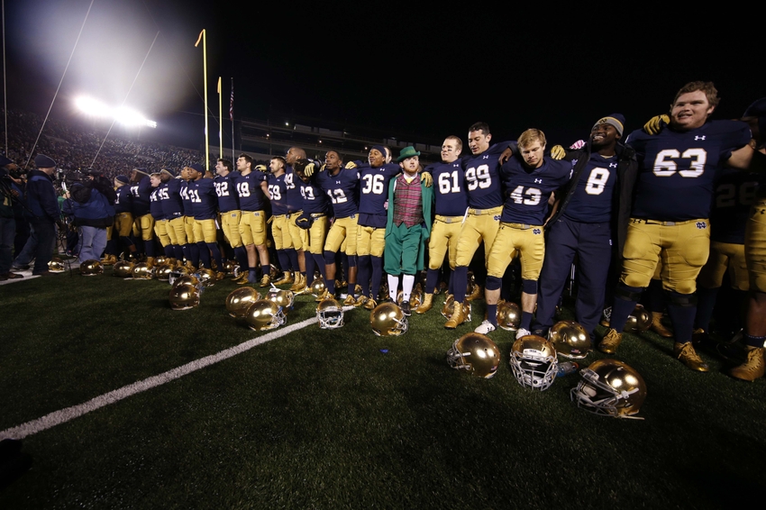 Oct 17 2015 South Bend IN USA Notre Dame Fighting Irish lines up to sing their school song after the game against the Southern California Trojans at Notre Dame Stadium. Notre Dame defeats Southern California 41-31. Mandatory Credit Brian Spurlock-US