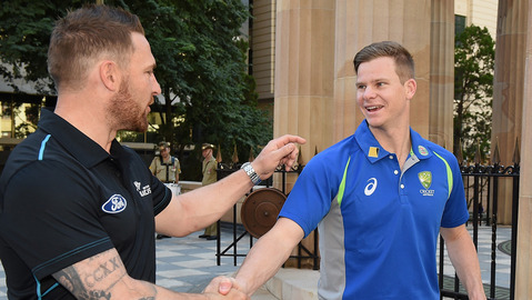 Steve Smith of Australia and Brendon Mc Cullum of New Zealand shake hands after a visit to the Brisbane War Memorial