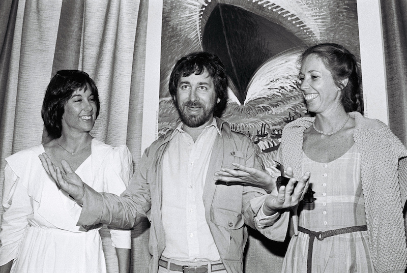 Director Steven Spielberg with producer Kathleen Kennedy and screenwriter Melissa Mathison at the 35th Cannes Film Festival during