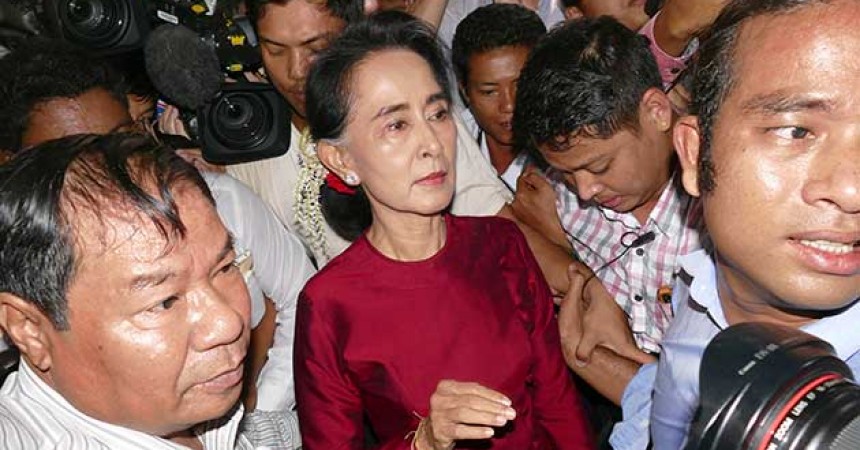 Supporters of Myanmar's pro-democracy figurehead Aung San Suu Kyi gather outside National League for Democracy headquarters in Yangon Myanmar