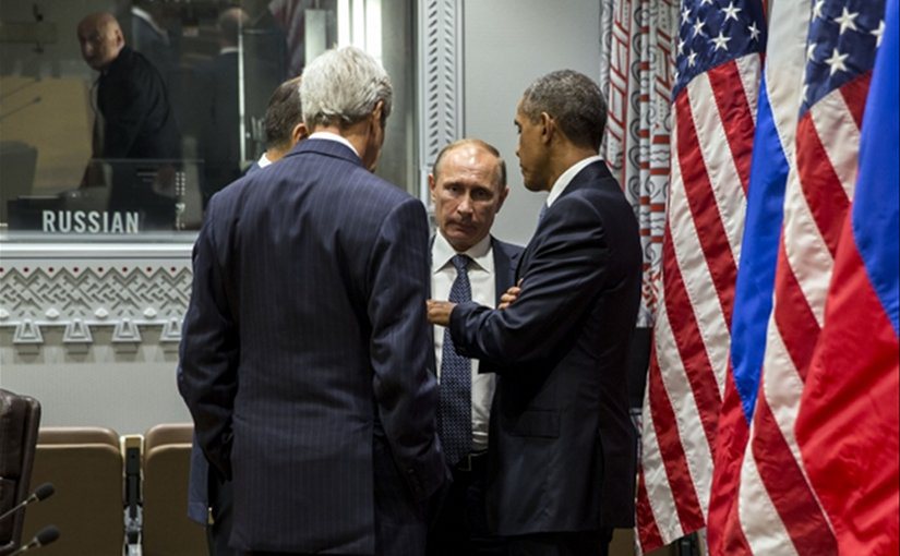 President Barack Obama and Secretary of State John Kerry talk with President Vladimir Putin of Russia after a bilateral meeting at the United Nations in New York N.Y. Sept. 28 2015