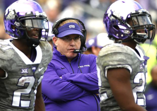 TCU coach Gary Patterson watches the Kansas game last Saturday