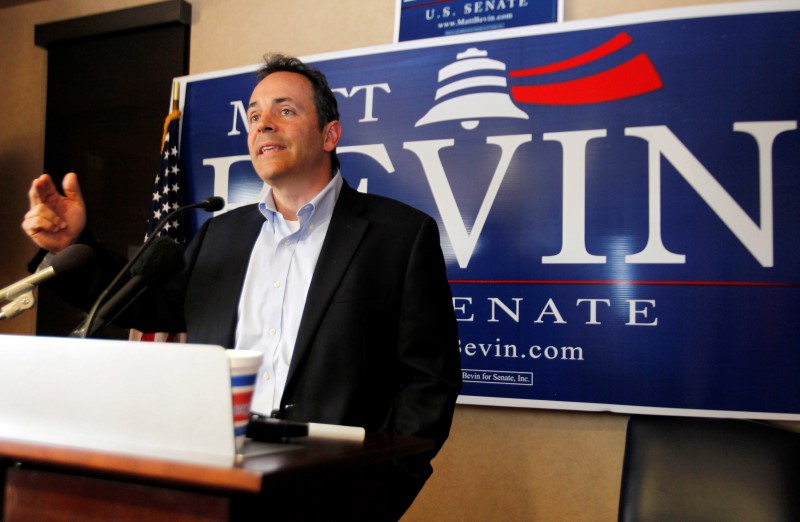 Kentucky Republican senatorial candidate Matt Bevin addresses the crowd during a campaign stop at Lexington Airport in Lexington Kentucky in this