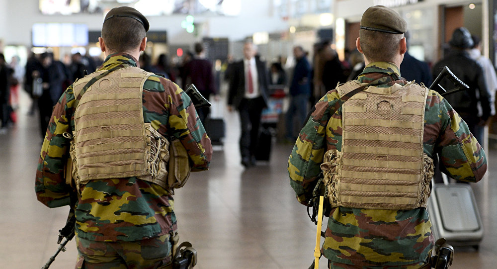 Military police soldiers patrol the Brussels Airport in Zaventem eastern Brussels