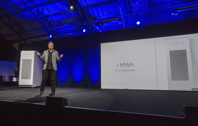 Tesla Motors Inc. CEO Elon Musk unveils the company¿s newest product Powerpack in Hawthorne Calif. Musk is trying