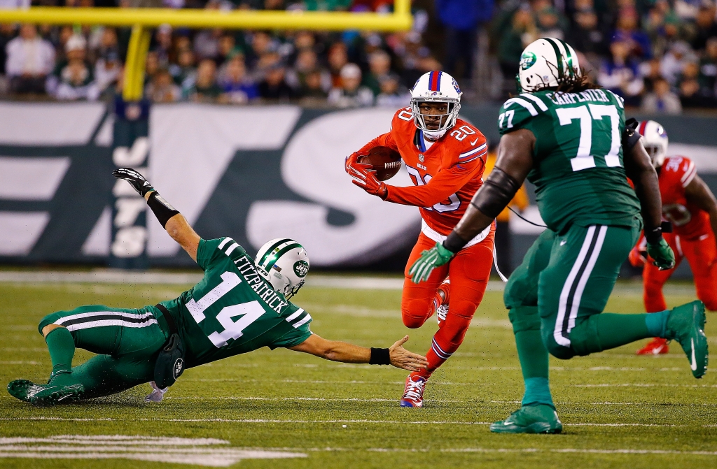 EAST RUTHERFORD NJ- NOVEMBER 12 Corey Graham #20 of the Buffalo Bills intercepts a pass by Ryan Fitzpatrick #14 of the New York Jets during the second quarter at Met Life Stadium