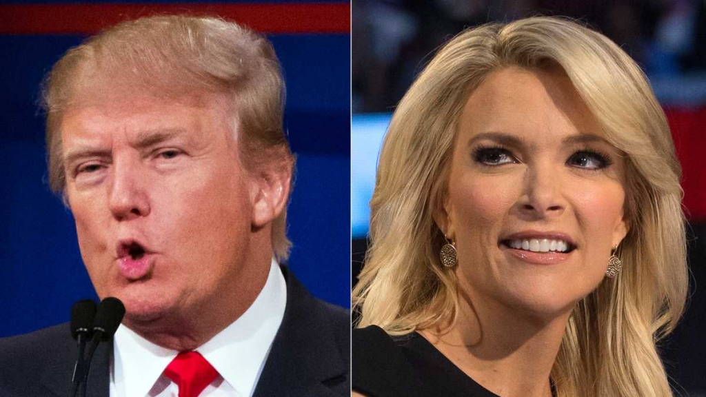 Republican presidential candidate Donald Trump and Fox News Channel host and moderator Megyn Kelly during the first Republican presidential debate at the Quicken Loans Arena in Cleveland. Trump attacked Kelly over her tough questioning of him during the