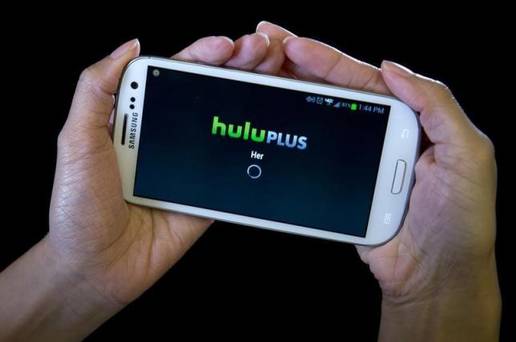 The HULU Plus app is played on a Samsung Galaxy phone in this