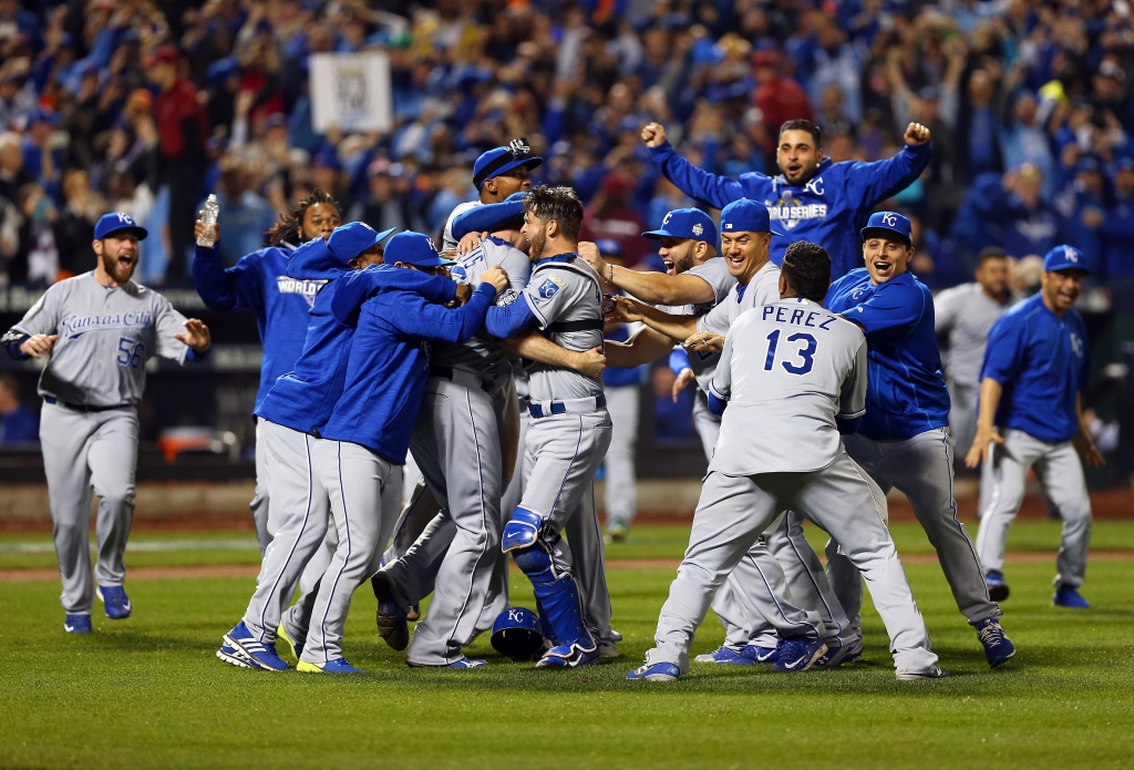 The Kansas City Royals celebrate defeating the New York Mets to win the 2015 World Series