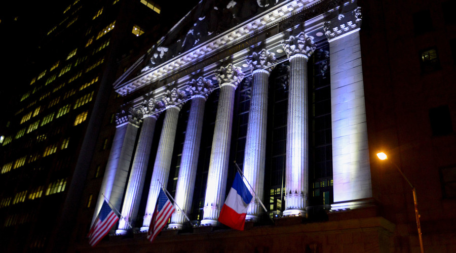 The New York Stock Exchange flies a French flag in New York