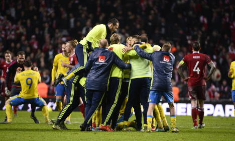 The Swedish team cheering after qualifying for the Euro 2016