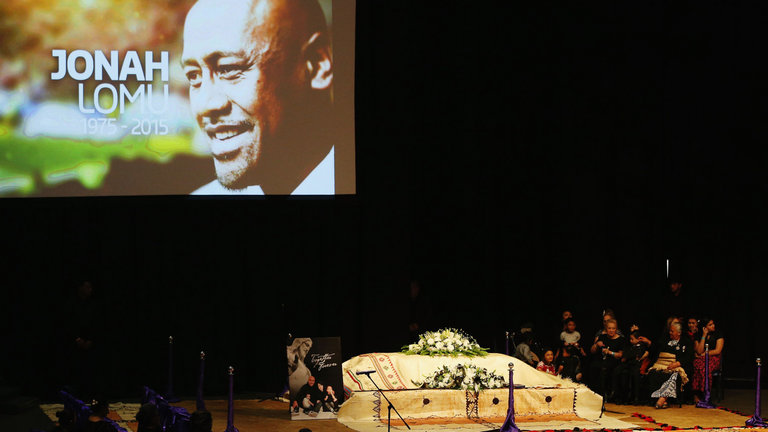 The casket containing the body of Jonah Lomu sits at the front of the Aho Faka Famili memorial in Auckland