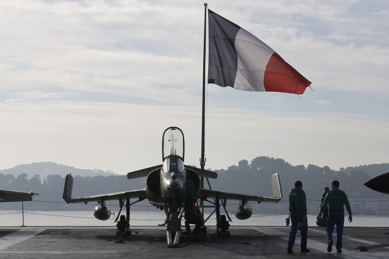 French jets taking off from carrier in the eastern Mediterranean destroyed targets in Ramadi and Mosul in Iraq on Monday