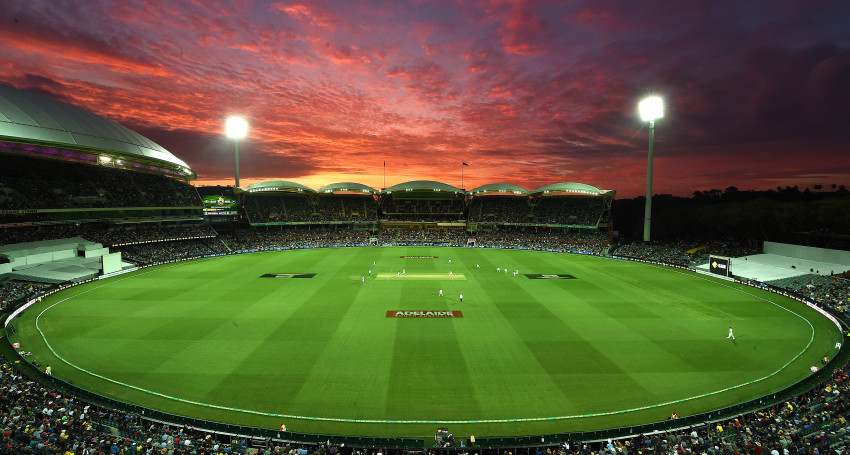 The spectacular view as the sun goes down on the first day-night Test match at Adelaide Oval. AAP Image  Dave Hunt