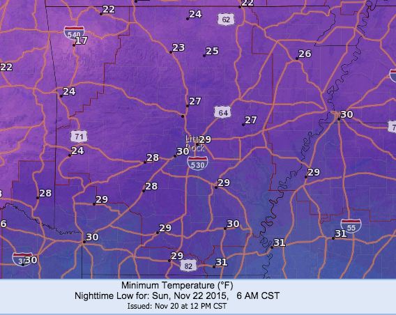 This National Weather Service graphic shows nighttime low temperatures expected Saturday night into Sunday morning