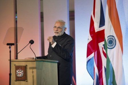 India's Prime Minister Narendra Modi addresses industry leaders at Guildhall in London Britain