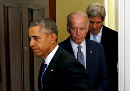 U.S. President Barack Obama arrives with Vice President Joe Biden and Secretary of State John Kerry to deliver a statement on the Keystone XL pipeline at the White House in Washingt