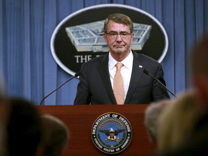 U.S. Defense Secretary Ash Carter holds a media briefing at the Pentagon in Washington