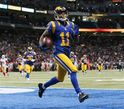 St. Louis Rams wide receiver Tavon Austin reacts as he scores a touchdown during an NFL football game against the San Francisco 49ers Sunday Nov. 1 2015 in St. Louis.  EDWARDSVILLE INTELLIGENCER OUT THE ALTO