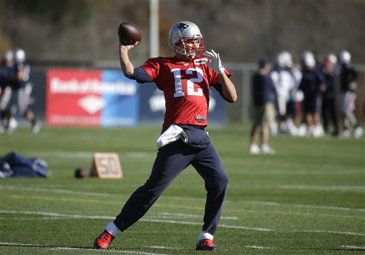 New England Patriots quarterback Tom Brady winds up for a pass during an NFL football practice Wednesday Nov. 4 2015 in Foxborough Mass. The Washington Redskins are to play the Patriots Sunday Nov. 8 2015 in Foxborough