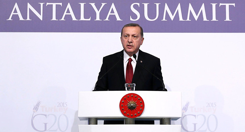 Turkish President Recep Tayyip Erdogan delivers a speech following a working session during the G20 Summit in Antalya Turkey