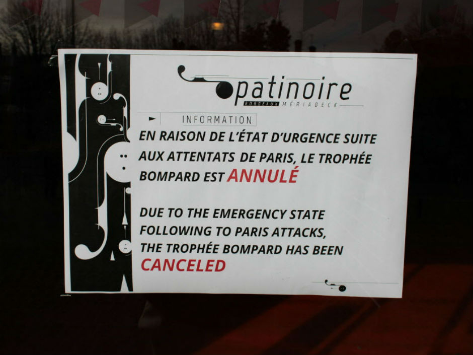 The skating rink in Bordeaux where the Trophee Eric Bompard Grand Prix of Figure Skating competition was taking place shows a placard stating the cancellation of the event in the wake of the deadly terrorist attacks in Paris on Friday which left at leas