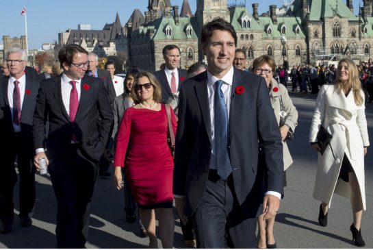 Marching orders Prime Minister Justin Trudeau and his newly sworn-in cabinet ministers arrive on Parliament Hill Nov. 4