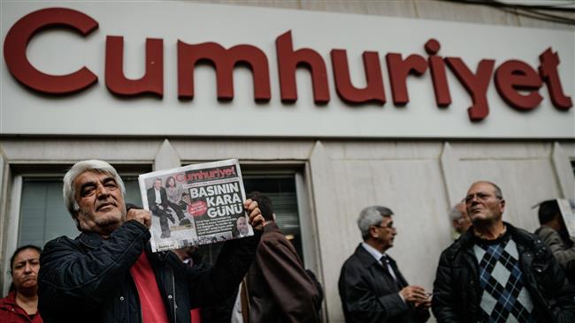 Istanbul during a demonstration after the arrest of their editor-in-chief