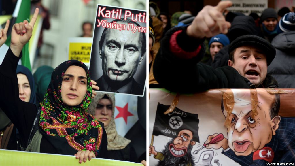 At left Turkish protesters shout anti Russia slogans during a protest in Istanbul Turkey Nov. 27 2015. A protester shouts slogans during a demonstration in front of the Turkish embassy in Moscow Nov. 25 2015