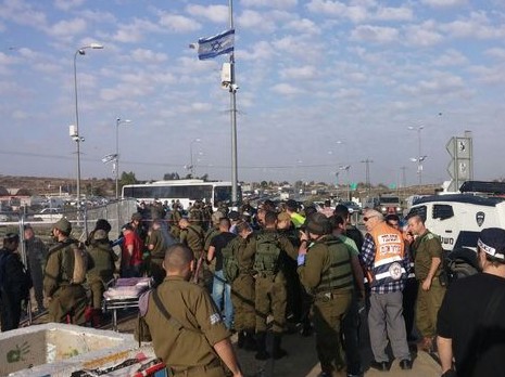 The scene of Sunday afternoon's stabbing attack in Gush Etzion that left a 20-year-old Israeli woman in critical condition