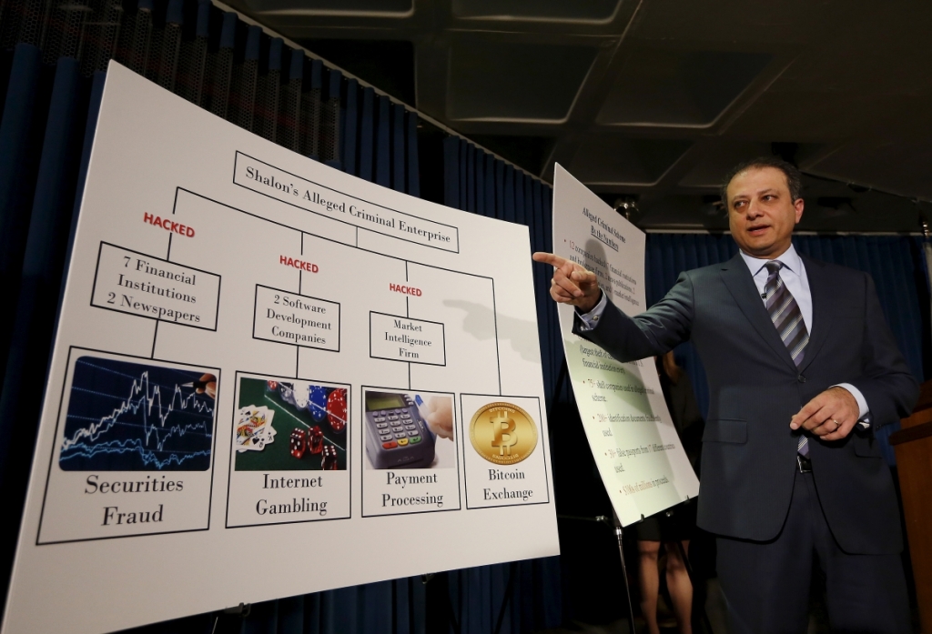 U.S. Attorney for the Southern District of New York Preet Bharara points to a chart at a news conference in New