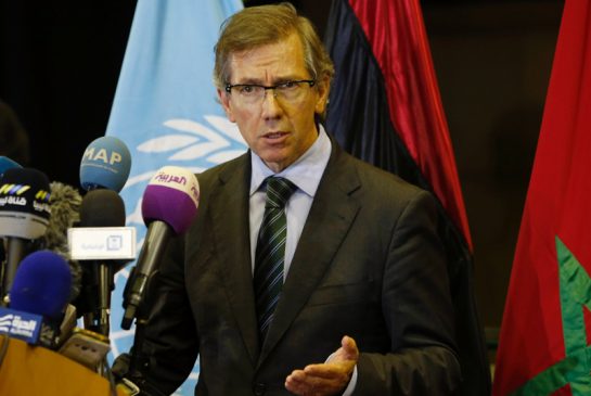 United Nations envoy for Libya Bernardino Leon gestures as he speaks to the media in Skhirat Morocco