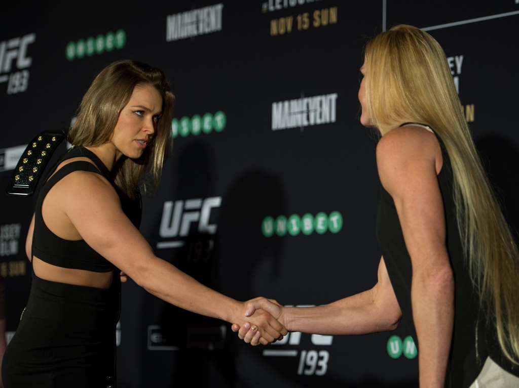 UFC women's bantamweight champion Ronda Rousey and opponent Holly Holm on Friday in Melbourne Australia